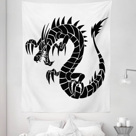Chinese Art Tapestry, Claws of Creature Asian Empire Imperial Strength Illustration, Fabric Wall Hanging Decor for Bedroom Living Room Dorm, 5 Sizes, White and Charcoal Grey, by Ambesonne