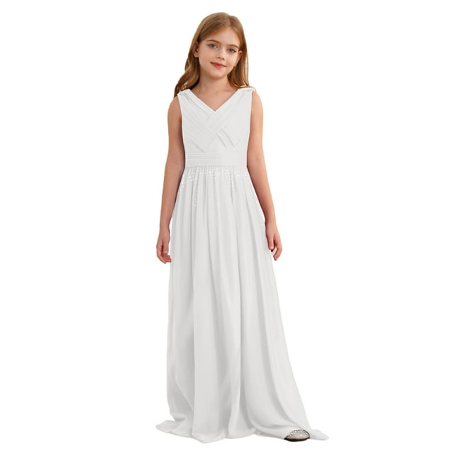 Kaerm Robe Longue Sans Manches en Mousseline Froncée Perlée pour Demoiselle d'Honneur Junior, Robe Maxi de Fille d'Honneur, Robe de Fête, Robe de Bal Ivoire 6