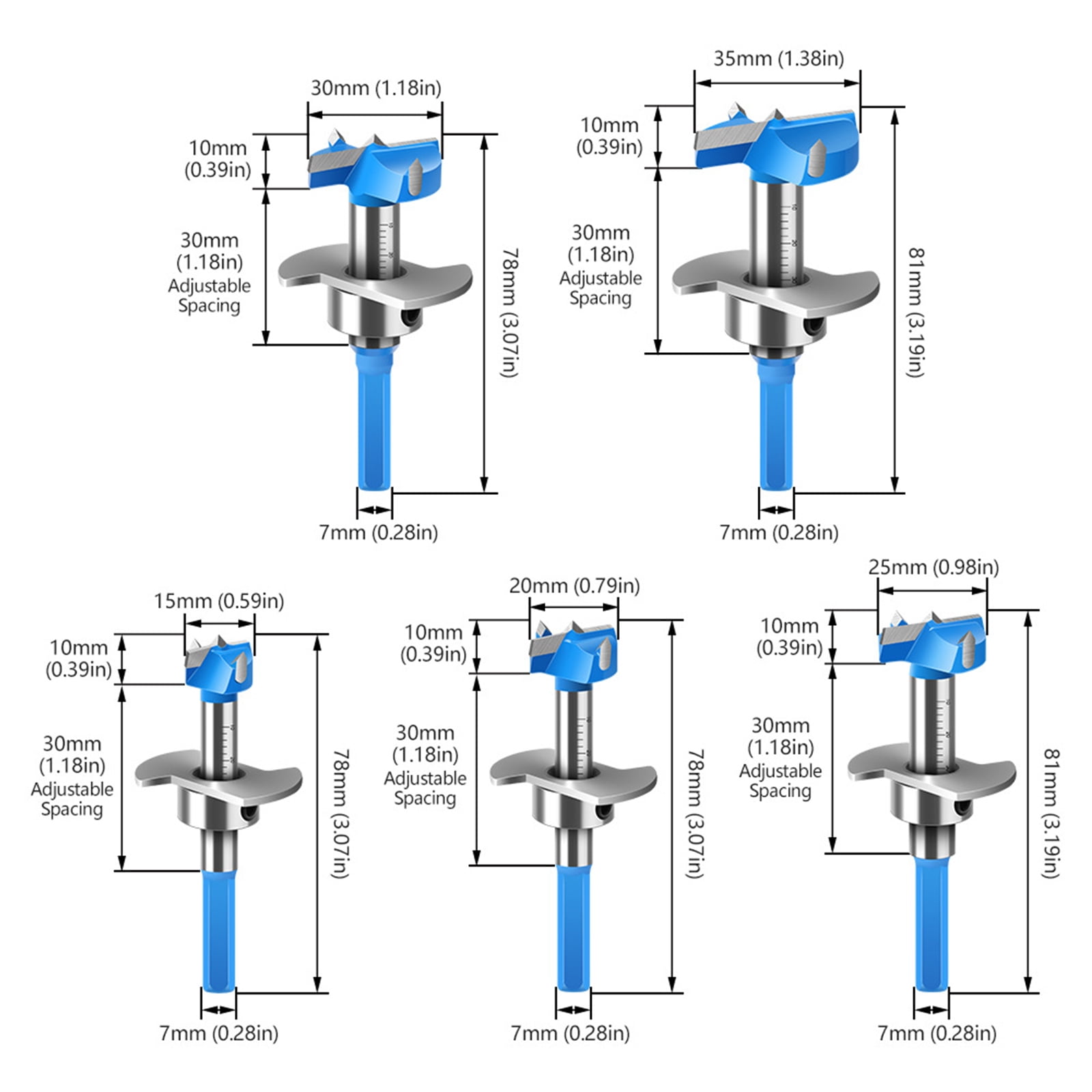 5Pcs Forstner Drill Bit Set With Adjustable Depth Hexagonal Shank For Woodworking Hinge Installation 15-35mm