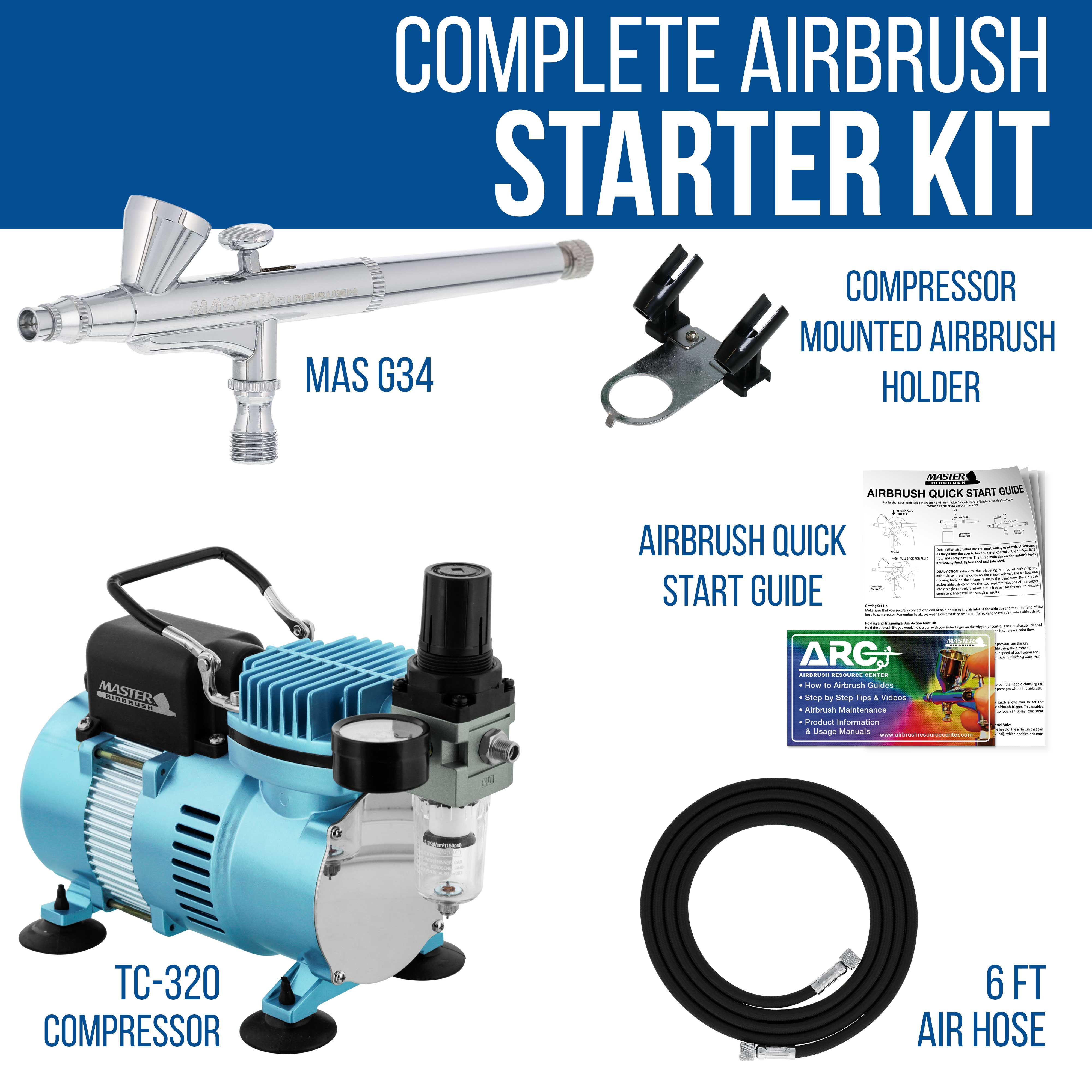Master Airbrush Cool Runner II Dual Fan Air Compressor System Kit with a G34 Gravity Feed Dual-Action Airbrush Set with 0.3mm Tip, 1/16 oz. Fluid Cup - Holder, How-To Guide - Hobby, Auto, Cake