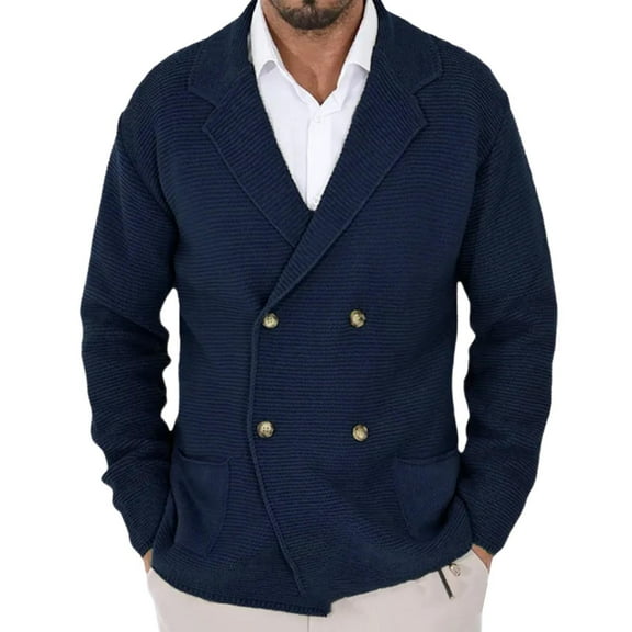 Men's Knit Open Cardigan Coat Notched Lapel Double Button V Neck Sweater