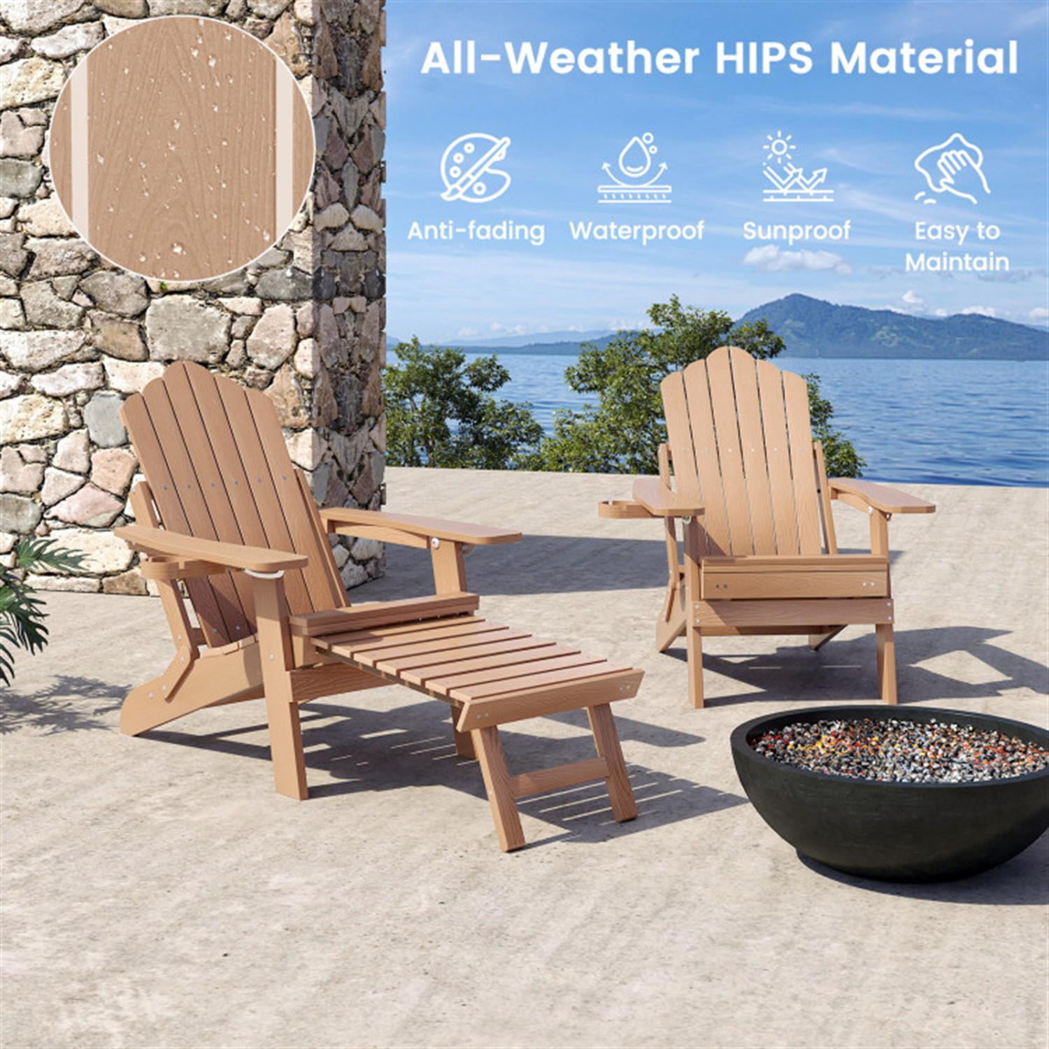 Demi Bonn All-Weather HIPS Patio Adirondack Lounge Chair with Retractable Footrest, Outdoor Accent Furniture Lounge Chairs for Yard, Garden, Brown
