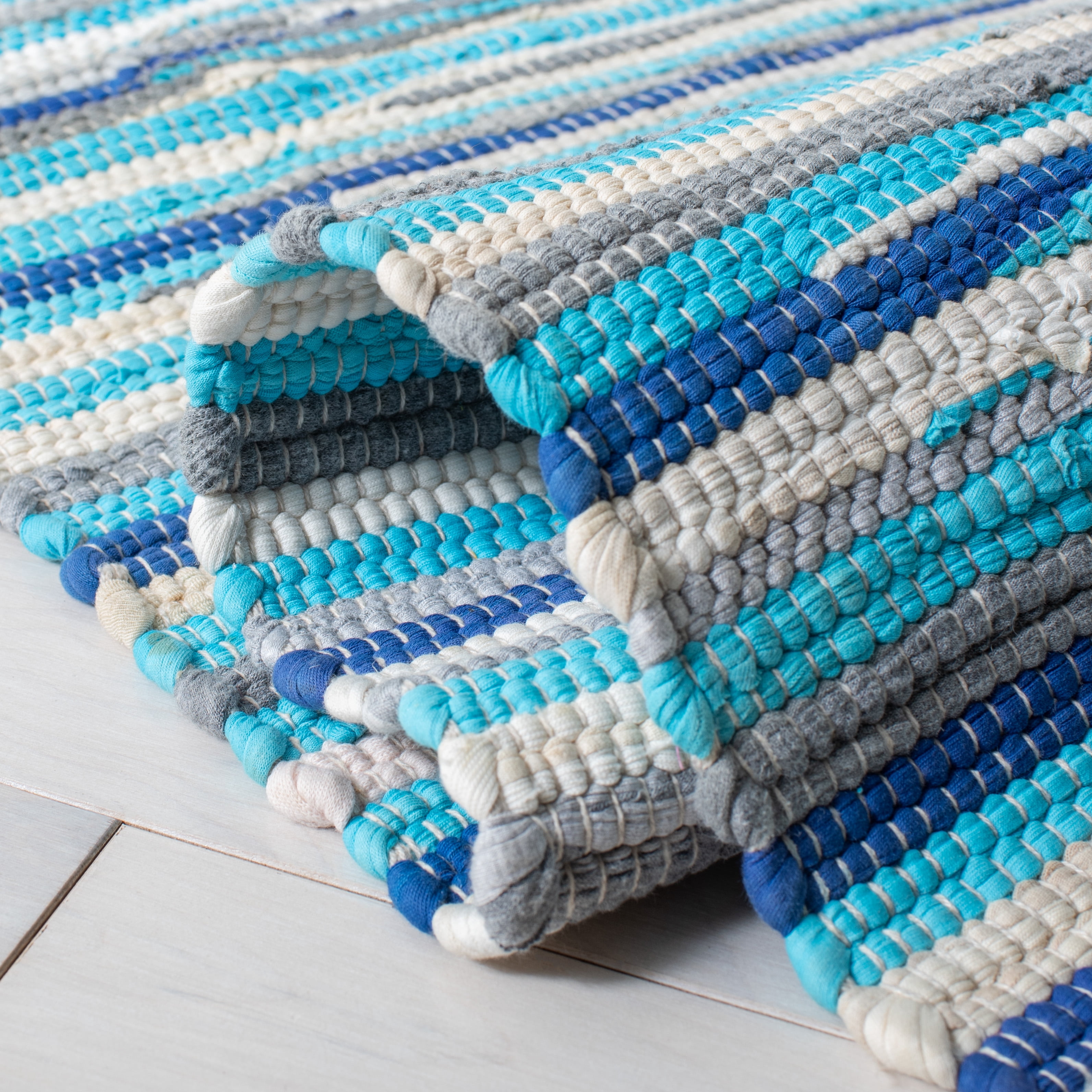 SAFAVIEH Rag Elena Striped Cotton Area Rug, Turquoise/Multi, 4' x 4' Round