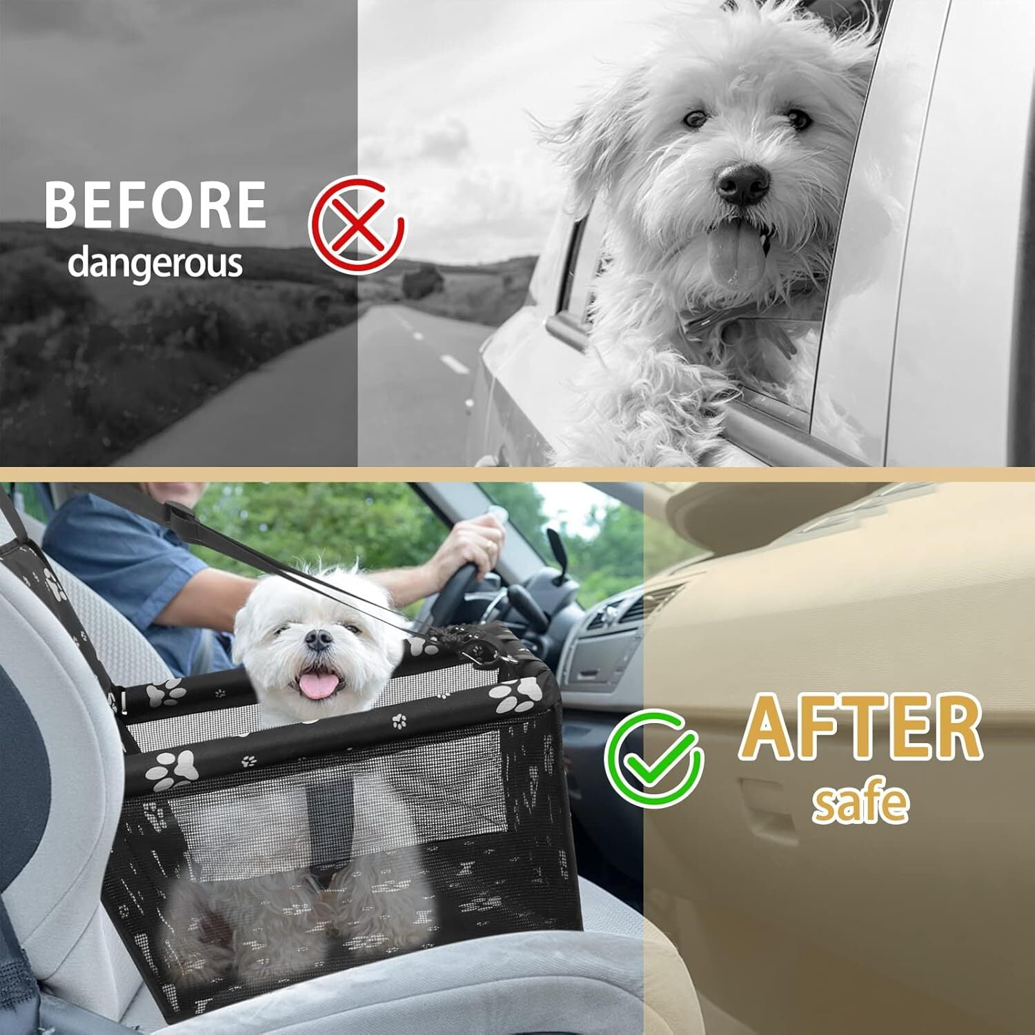 Asunby Foldable Dog Car Seat, Waterproof Dog Car Booster Seats Portable Pet Booster Travel Safety Protector for S/m Dogs, Puppies, Bones & Footprints Black