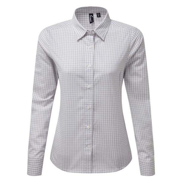 Premier - Camisa Maxton Cuadro de Manga Larga para Mujer (Blanco, Plateado)