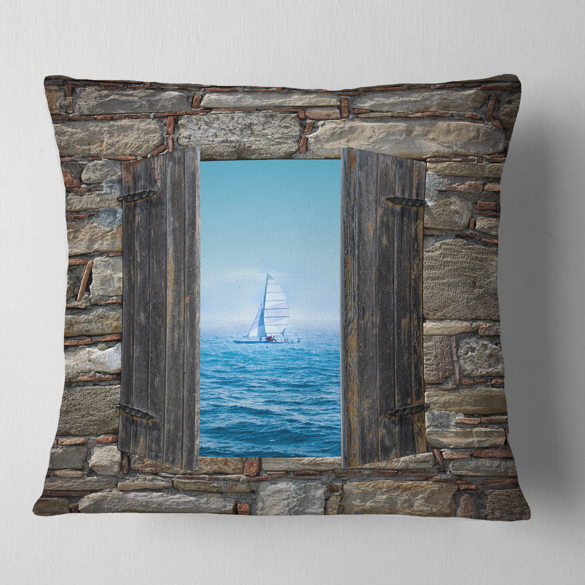 Designart Window Open To Sailing Boat - Seascape Throw Pillow - 18x18