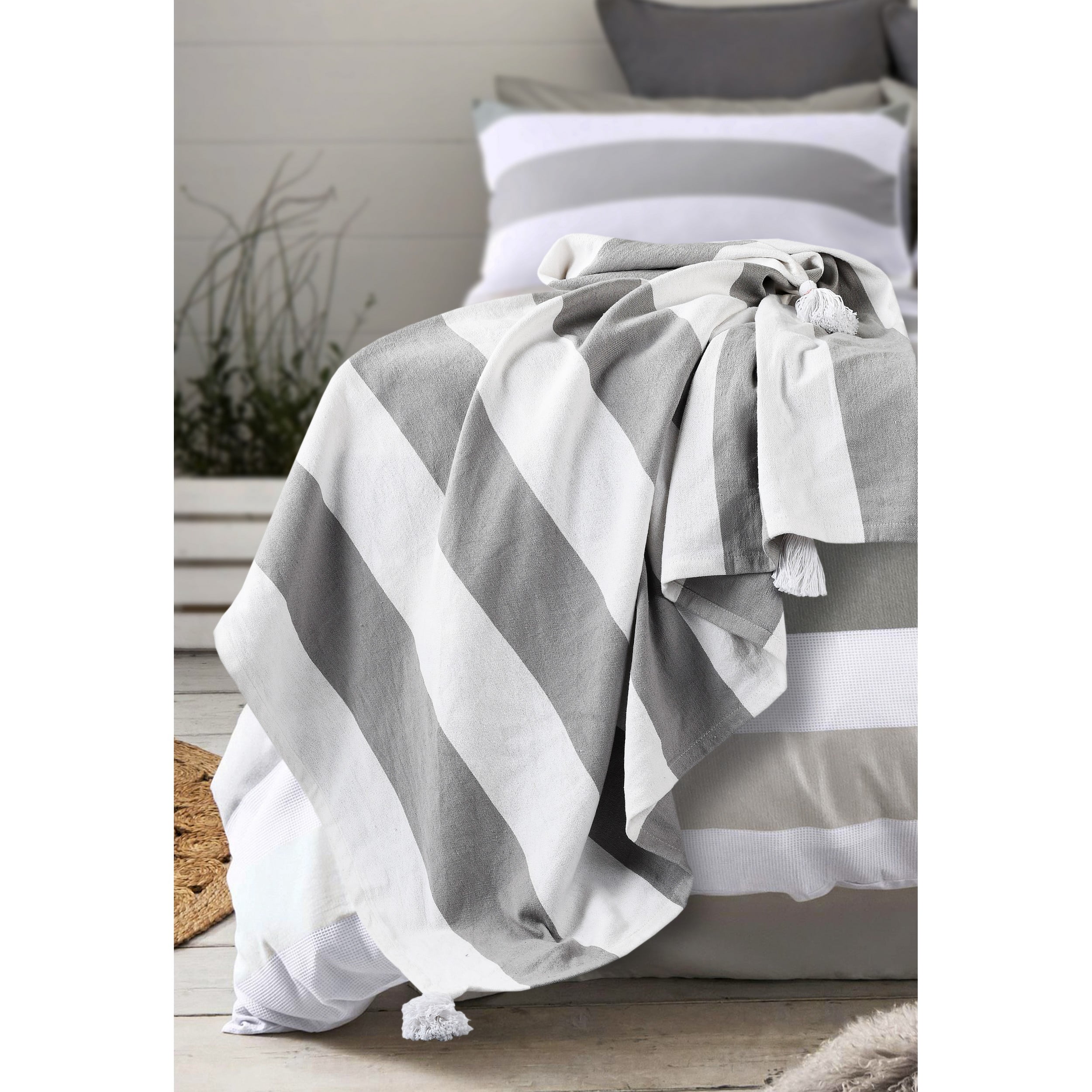 Ox Bay Gray Striped Cotton Throw Blanket, 50" x 60"