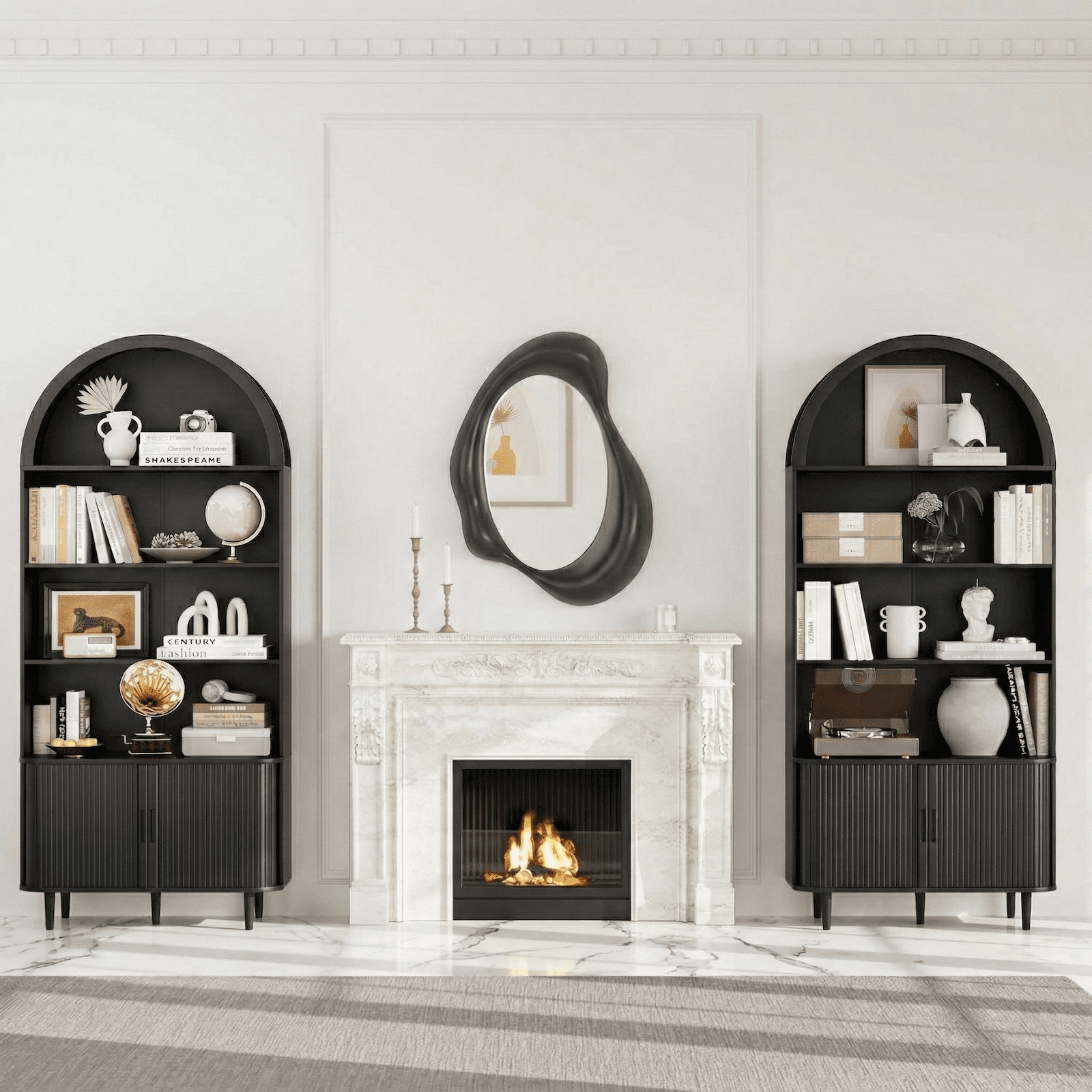 Aisword 71" Tall Arched Bookcases, 5-Tier Modern Farmhouse Bookshelf with Adjustable Shelves & Sliding Doors, Wood Display Storage Cabinet for Living Room, Office, Black
