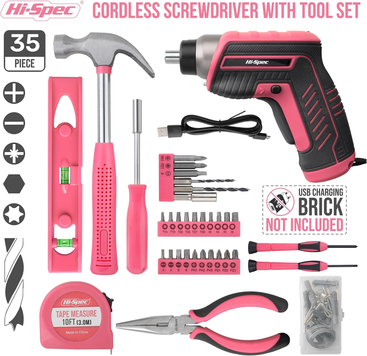 Hi-Spec 35pc Pink Electric Screwdriver Kit, USB Rechargeable photo 8