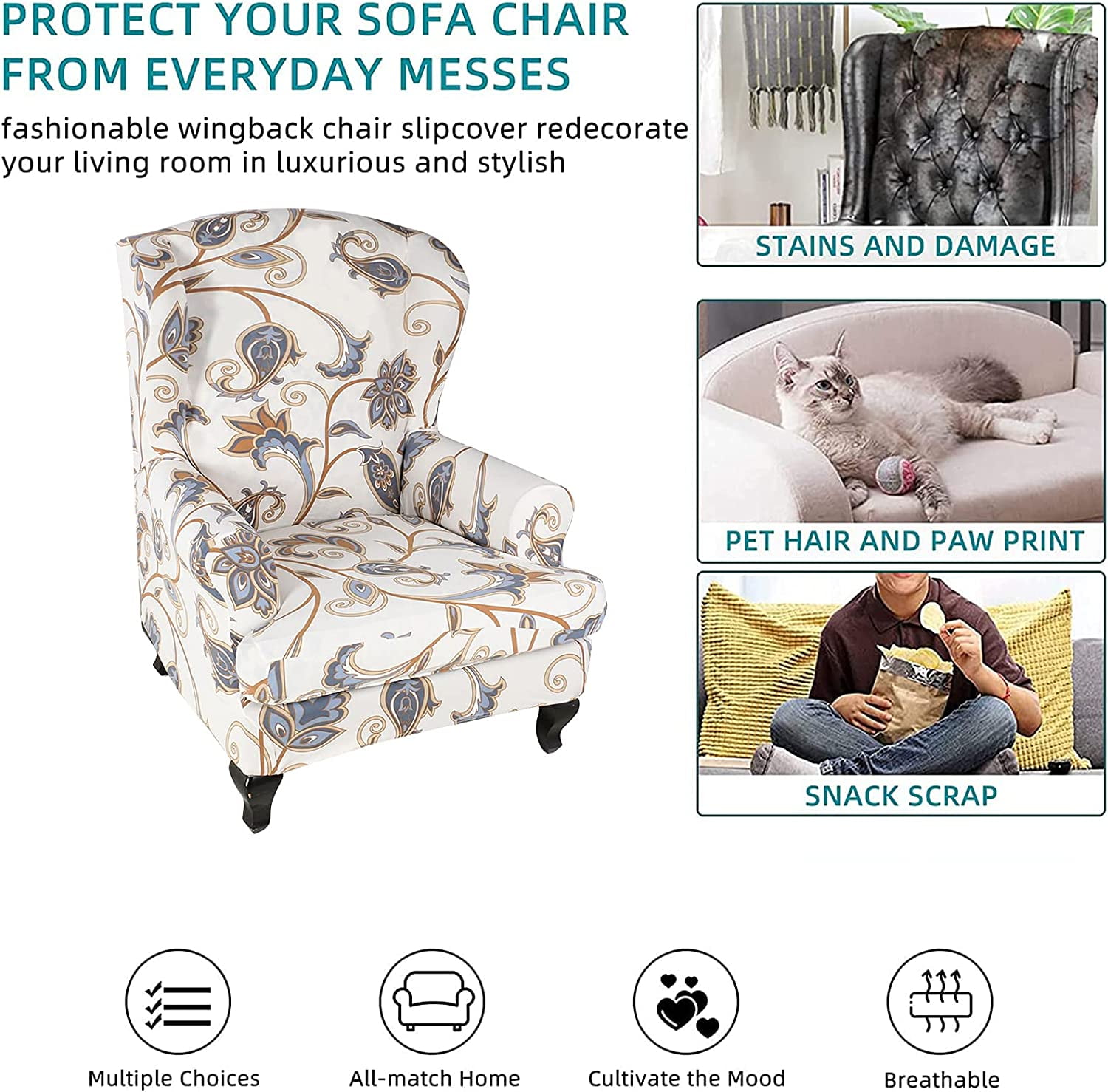 CHUNTIAN Wingback Chair Covers Slipcovers 2 Piece Stretch Wing Chair Covers Spandex Slipcovers Wingback Sofa Covers Armchair Covers Non-Slip Furniture Protector for Living Room Wingback Chairs, A13