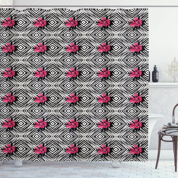 Geometric Shower Curtain, Bullseye Rhombuses with Hand Drawn Flowers Abstract Shapes Illustration, Fabric Bathroom Set with Hooks, 69W X 70L Inches, Pink Eggshell Black, by Ambesonne