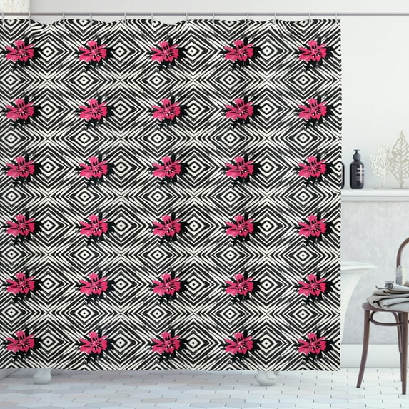 Geometric Shower Curtain, Bullseye Rhombuses with Hand Drawn Flowers Abstract Shapes Illustration, Fabric Bathroom Set with Hooks, 69W X 70L Inches, Pink Eggshell Black, by Ambesonne