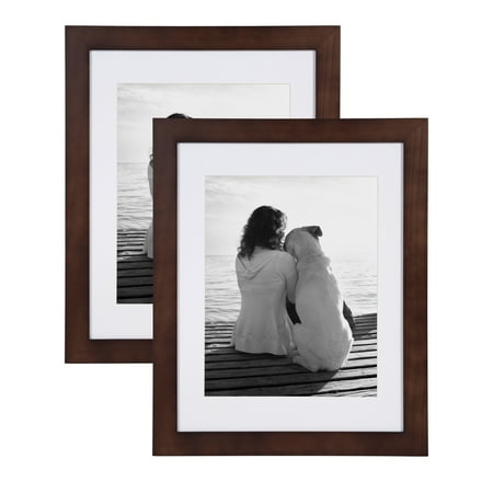 Mutt Mat - DesignOvation Museum Wooden Traditional Picture Frame Set with Mats for Customizable Wall Display, 14x18 matted to 11x14, Walnut Brown, 2 Pack