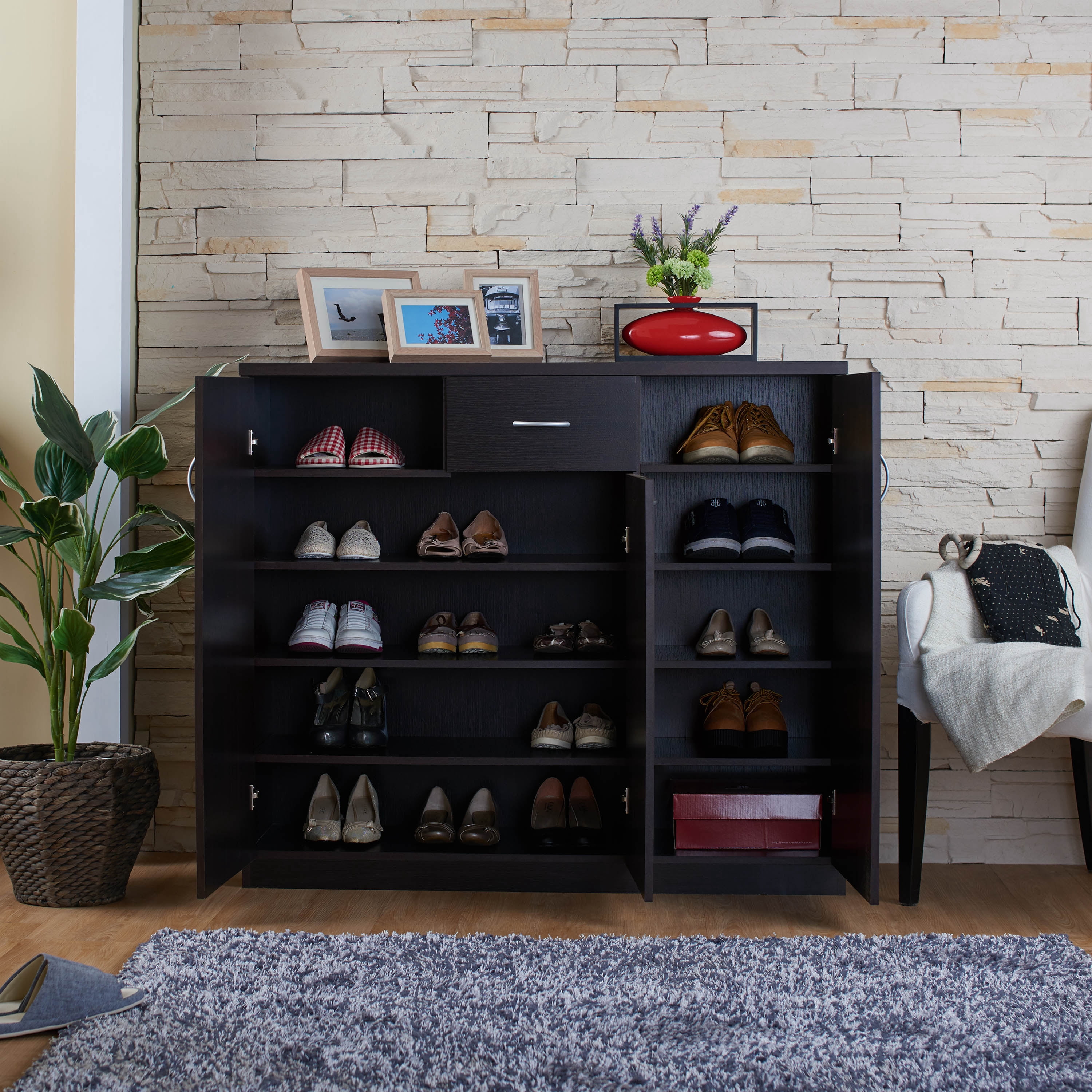 Furniture of America Keri 10-Shelf Wood Espresso Shoe Cabinet for 14 Shoes