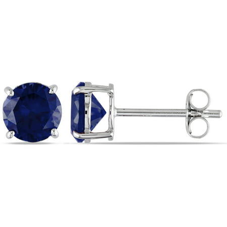 2 Carat T.G.W. Created Blue Sapphire 10kt White Gold Solitaire Earrings