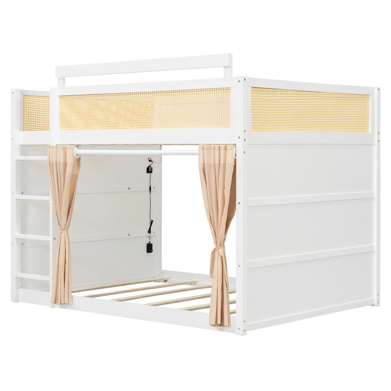 Full Size Bunk Bed with 3-Tier Storage Shelf, Rattan-Style Decor, Privacy Curtains and LED Light Strip, Modern Wood Full Over Full Bunk Bed Frame for Kids Teens