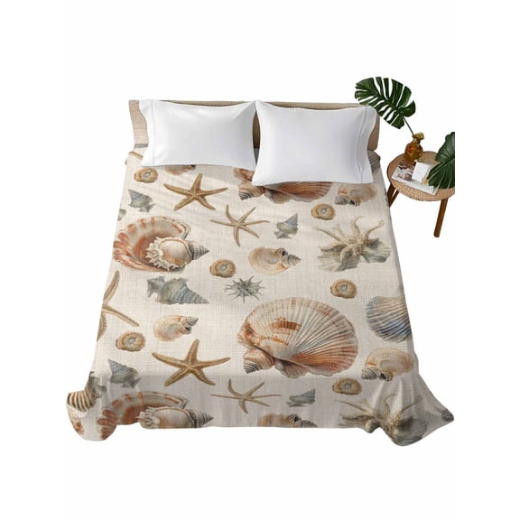 Queen Flat Sheet 90"x102", Seashell Coastal Soft Lightweight Bedding Flat Sheets Only, Summer Beach Ocean Starfish Burlap Brushed Microfiber Top Bed Sheet, Breathable StainResistant Bedsheets