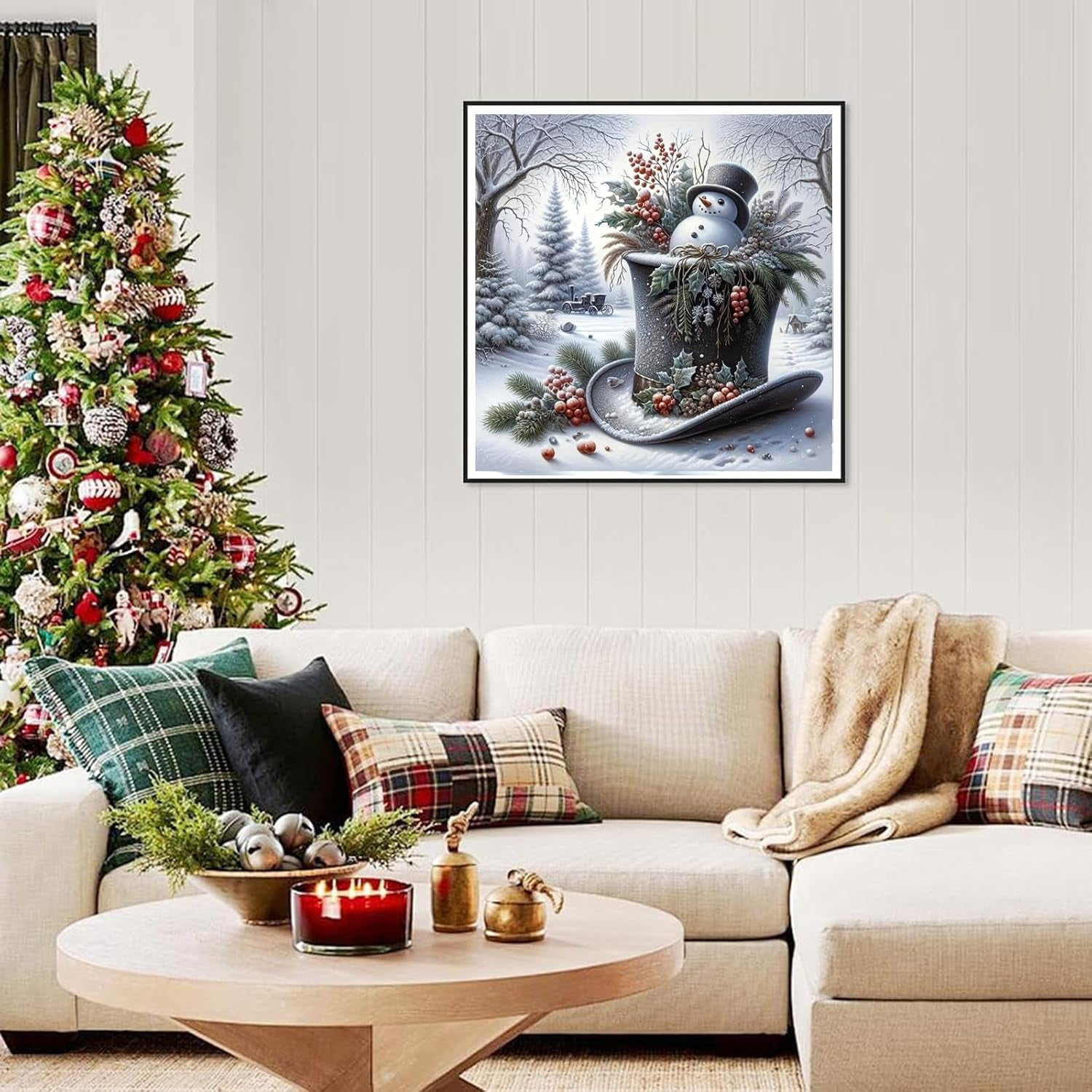 Adult Christmas Snowman Diamond Painting Kit, Beginner Christmas Hat Forest Diamond Art Kit, DIY Winter Holiday Rhinestone Dot Gem Painting Art Crafts Home Decor 16x16 Inch Unframed