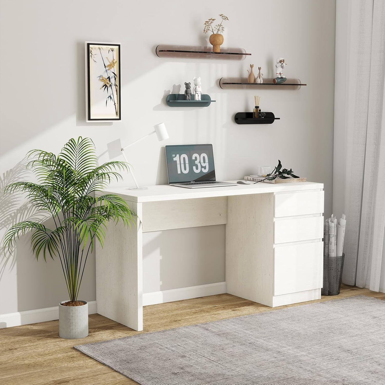 LAZZO 53" Computer Desk with 3 Drawers, Executive Writing Desk with File Storage Drawer for Home Office, White