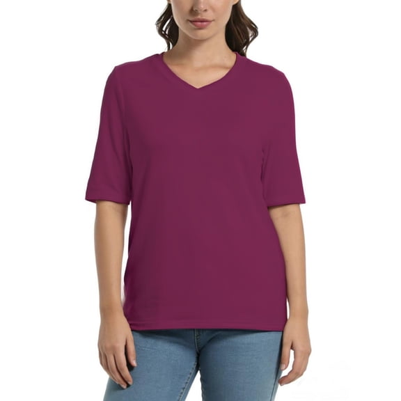Women's Solid Color Half Sleeve T-Shirts Casual V Neck Summer Tops Black