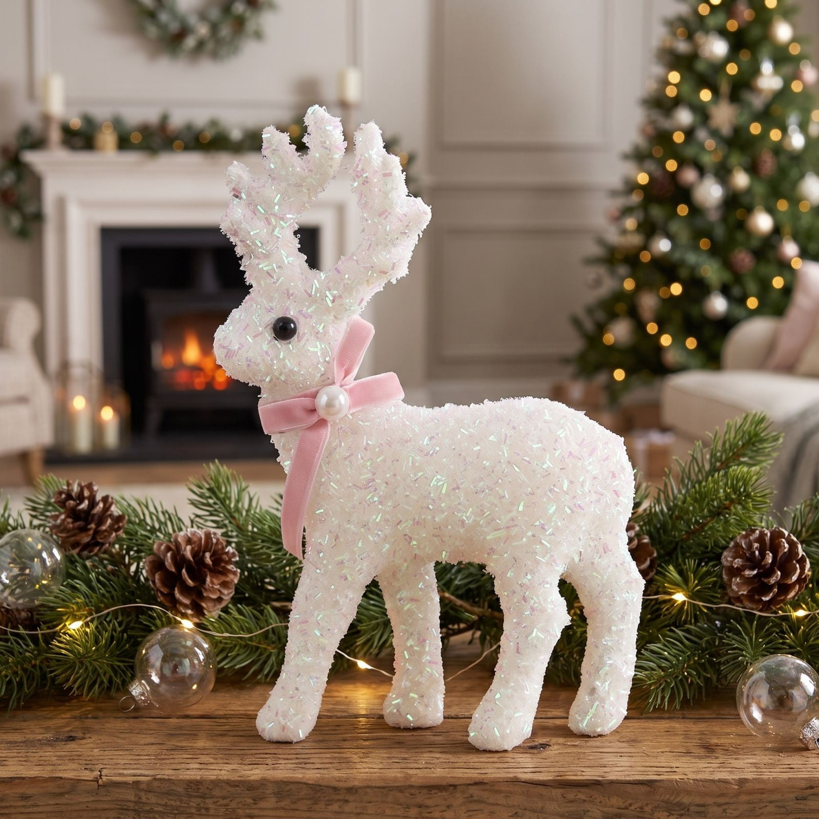 Christmas Reindeer Tabletop Decor, Glitter Standing Deer Figurine with Velvet Bow and Bells, Sparkly Holiday Ornament for Mantel, Tiered Tray, Window Sill and Xmas Party Centerpiece