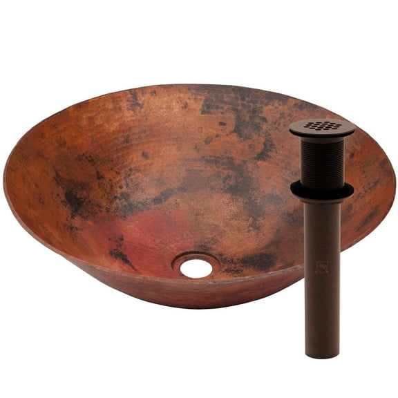 Novatto TCV-002NAORB Catalonia Round Copper Bath Vessel Sink, Natural Finish with Oil Rubbed Bronze Strainer Drain