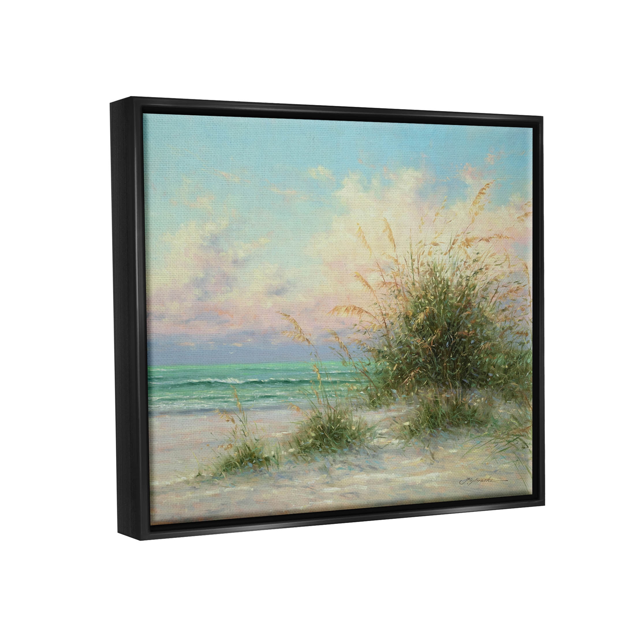 Summer Beach Grass Sea Waves Coastal Painting Jet Black Framed Art Print Wall Art