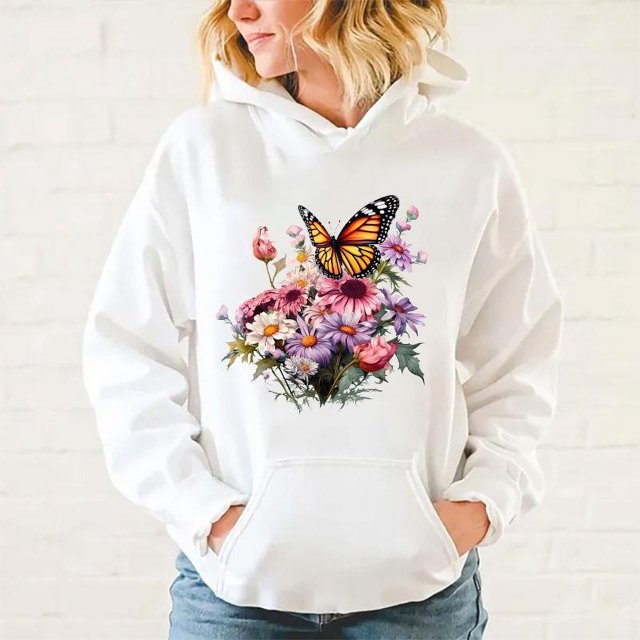 Sudadera con capucha y estampado de mariposas y flores populares de otoño e invierno para mujer, abrigo de moda, ropa de talla grande