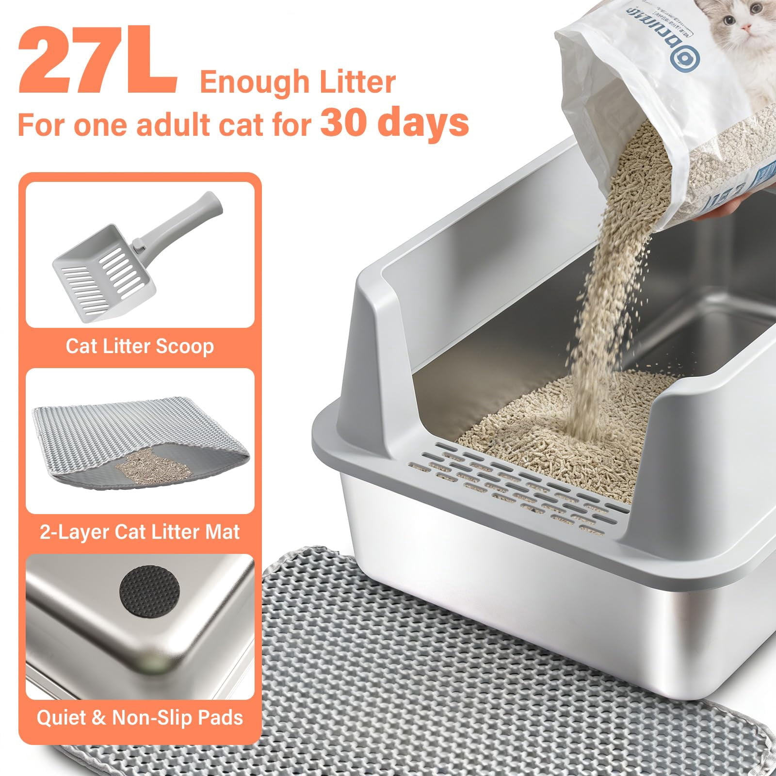 Stainless Steel Cat Litter Box With Lid  Xl Metal Extra Large Litterbox For Big Cats High Sided | Easy Cleaning Odor-free Includes Scoop And Mat