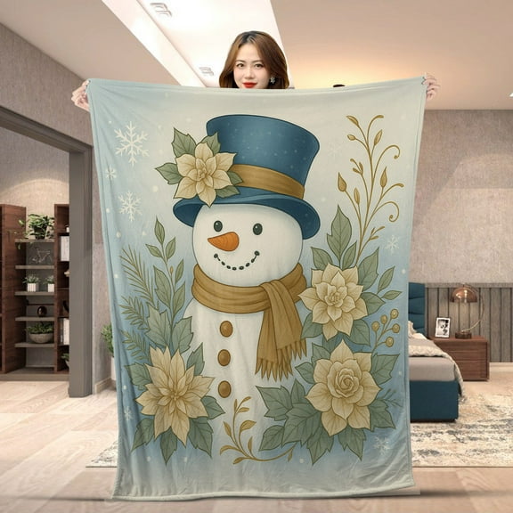 Snowman Winter Merry Xmas Floral Blanket - Cute Christmas Throw with Floral Design - Cozy Holiday Blanket for Bed or Couch, Xmas Decor Gift for Family & Friends