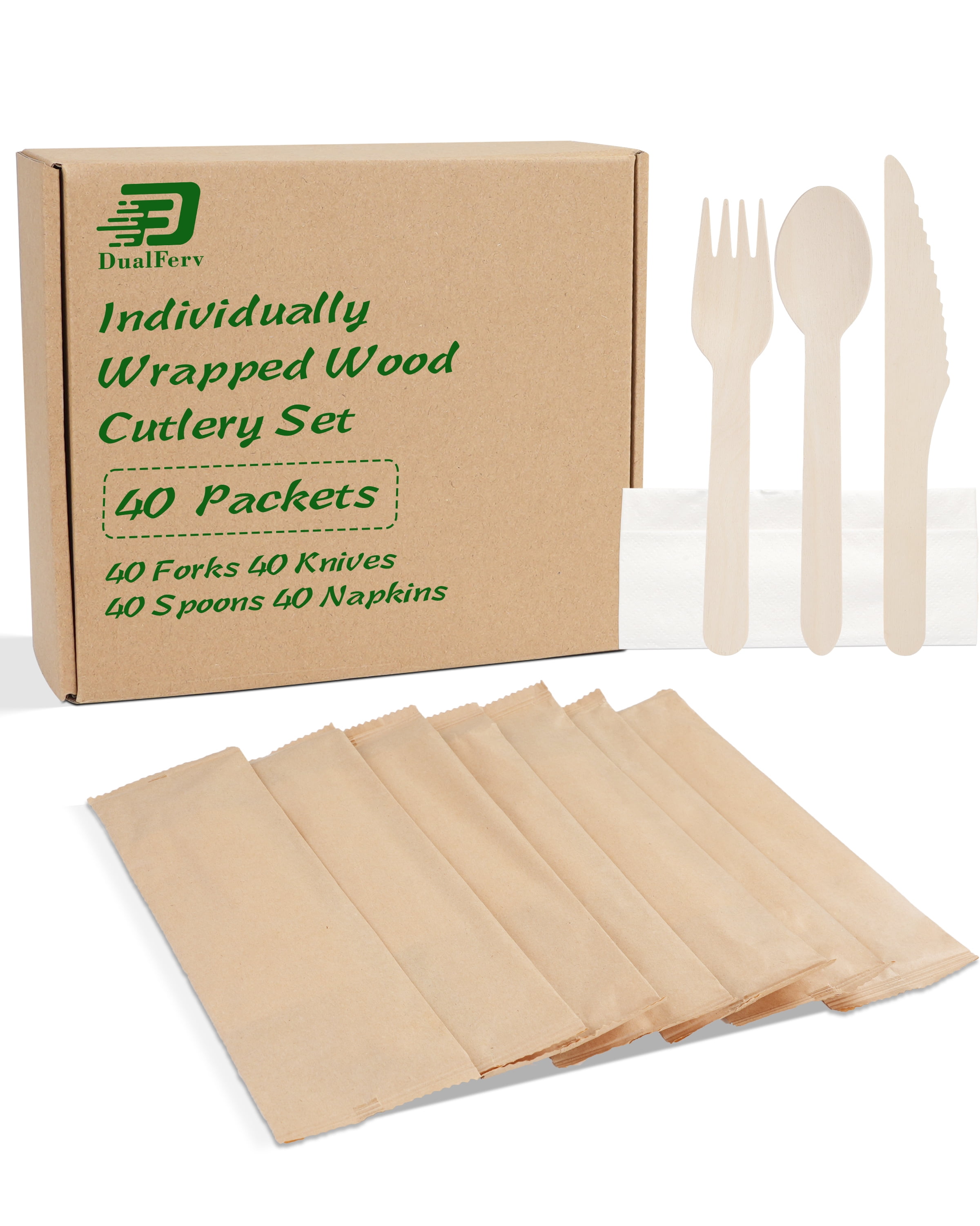 40 Disposable Wooden Cutlery Packets, Premium Wooden Disposable