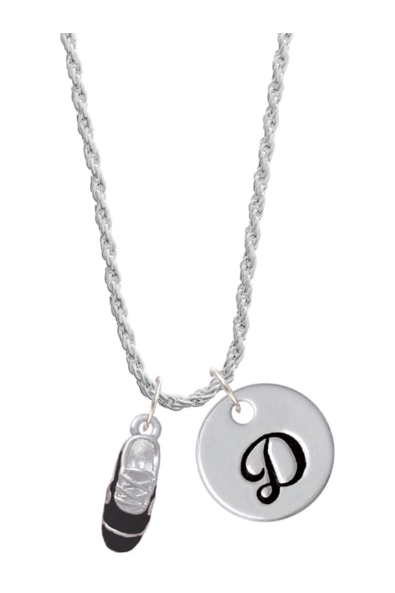 Silvertone 3-D Black Running Shoe Silvertone Script Initial Disc - D - Charm Necklace, 20"+3"