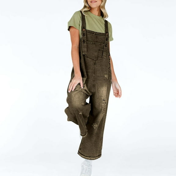 Summer Jumpsuits for Women 2025 Summer Casual Denim Long Rompers Women's Fashion Overalls with Adjustable Strap S-XL
