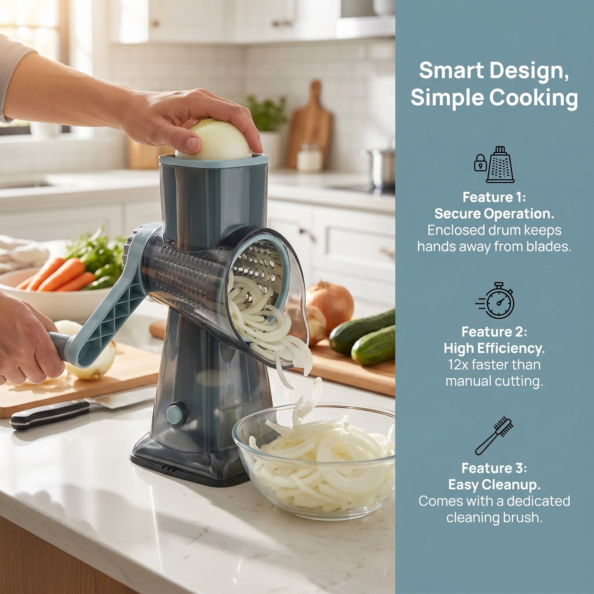 Unique Bargains 3-in-1 Rotary Vegetable Manual Slicer with Drums Blue 6.3x4.3x9.2in