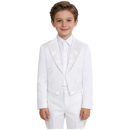 inlzdz Boys Tailcoat Formal Tuxedo Slim Fit Suits Jacket for Kids Wedding Prom Performance Concert Outfits White 10