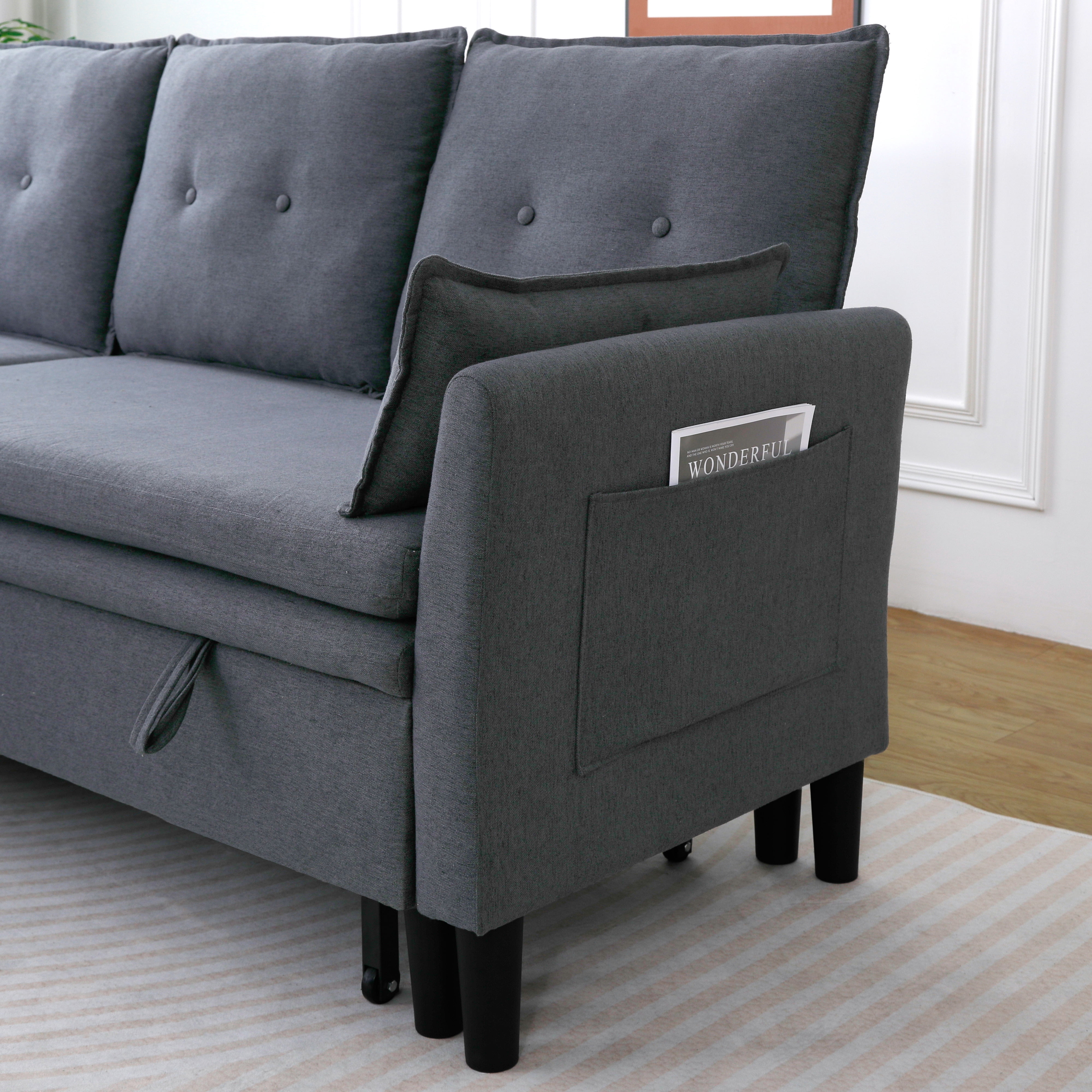 Gewnee L-Shaped Sectional Sofa,Reversible Chaise with Storage,Pull-Out Type Sofa Bed.Suitable for Apartments & Offices.Dark Grey