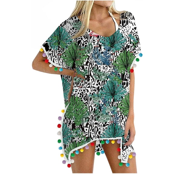 2025 Clearance! asdoklhq Plus Size Swimsuit Clearance Under $10,Women's Trim Kaftan Chiffon Tassels Swimwear Beach Loose Bikini Cover Up Tops