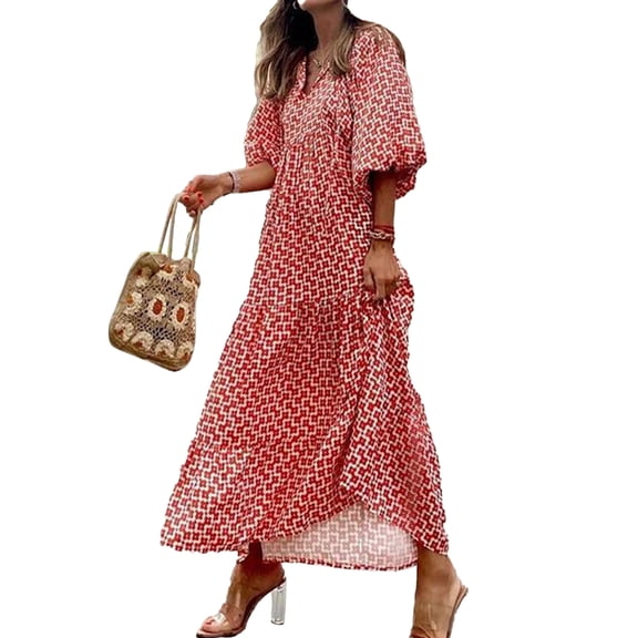 Women Casual Maxi Dress Bohemian Floral V Neck Puff Short Sleeve Beach Tiered Sundress Long Swing Dress