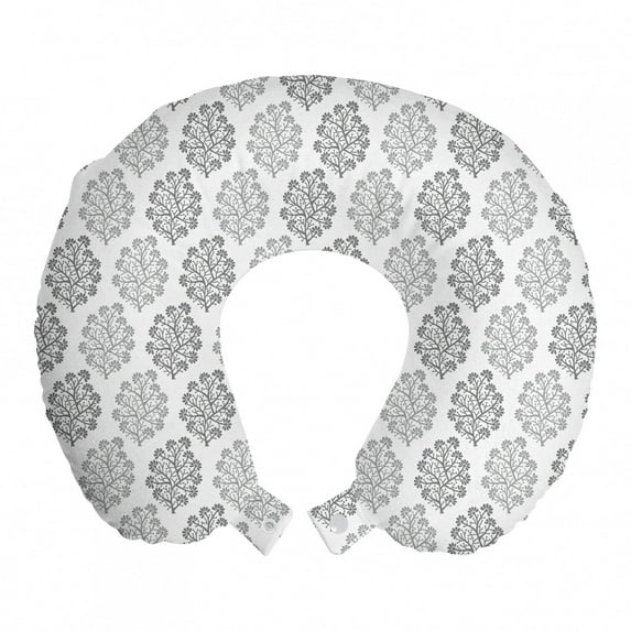 Leaves Travel Pillow Neck Rest, Vintage Inspired Greyscale Foliage Floral Composition Antique Illustration, Memory Foam Traveling Accessory Airplane and Car, 12", Grey White Pale Grey, by Ambesonne