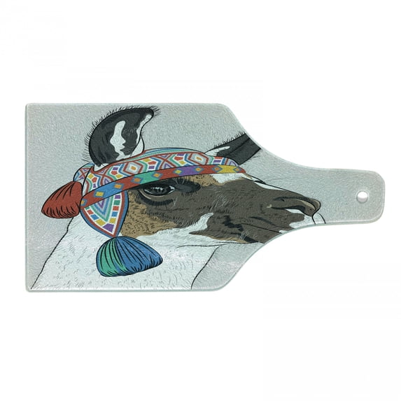 Llama Cutting Board, Alpaca an Colorful Hat Peruvian Sketch Style Animal Abstract Pattern, Decorative Tempered Glass Cutting and Serving Board, Wine Bottle Shape, Multicolor, by Ambesonne