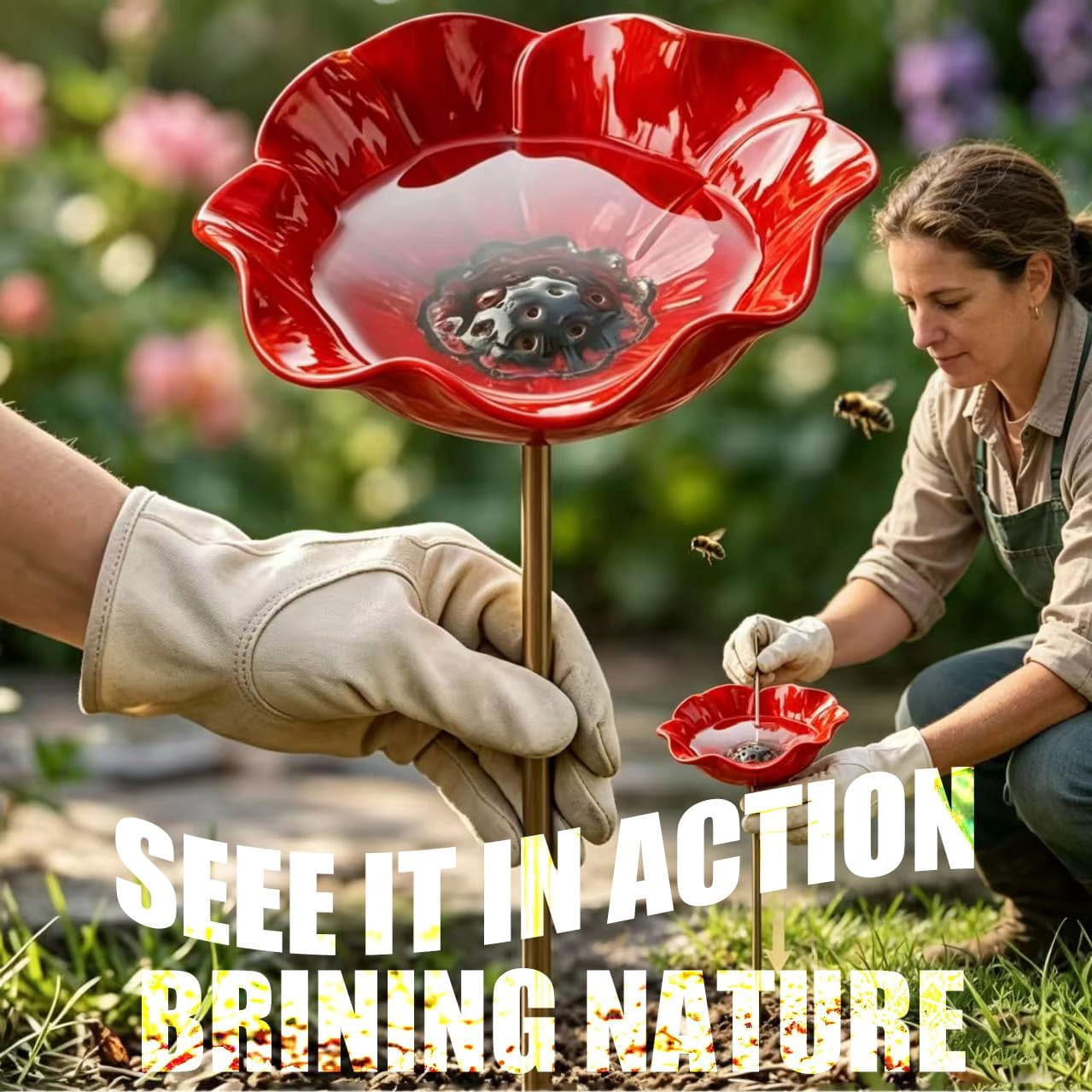 Handcrafted Metal Floral Garden Stake | Bird Bath | Outdoor Bee Watering Station | Pollinator Water Dish | Courtyard Decor & Bird Feeder (6Pieces)