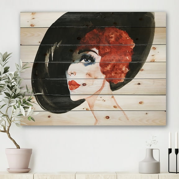 Designart 'Portrait of Woman Red Head Lady In Hat' Modern Print on Natural Pine Wood