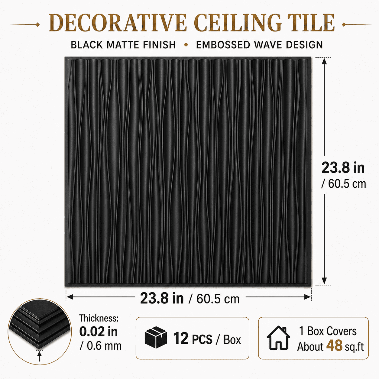 Yeslife 2 x 2 ft Drop Ceiling Tiles, 12 Pack, Black PVC 3D Wall Panels, Covers 48 Sq Ft