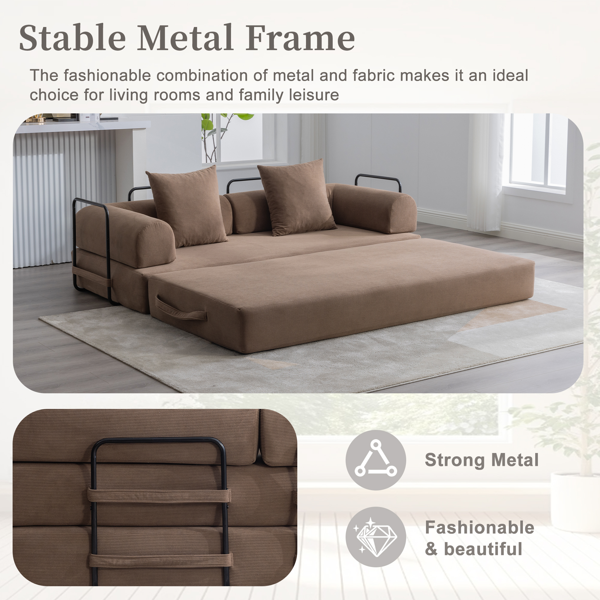 MOONMISS Corduroy Upholstered Modern Comfort Foldable Compressible Sofa Bed with Sturdy Metal Frame-Brown