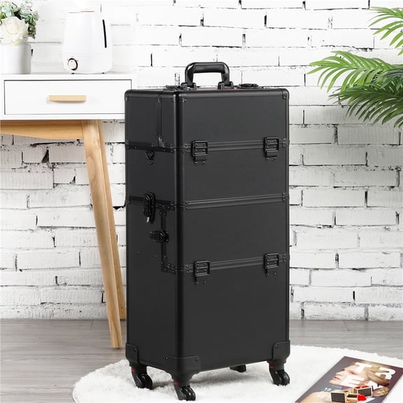 Yaheetech 3-in-1 Aluminum Cosmetic Case Professional Makeup Train Case Trolley with Carrying Strap, Black