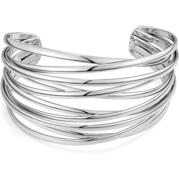 shiyou-Chunky Cuff Bracelets for Women Multi-layer Cross Wire Open Bangle Bracelet Adjustable Chunky Wide Open Wrist Cuffs Wrap Bracelet Gold/White Gold