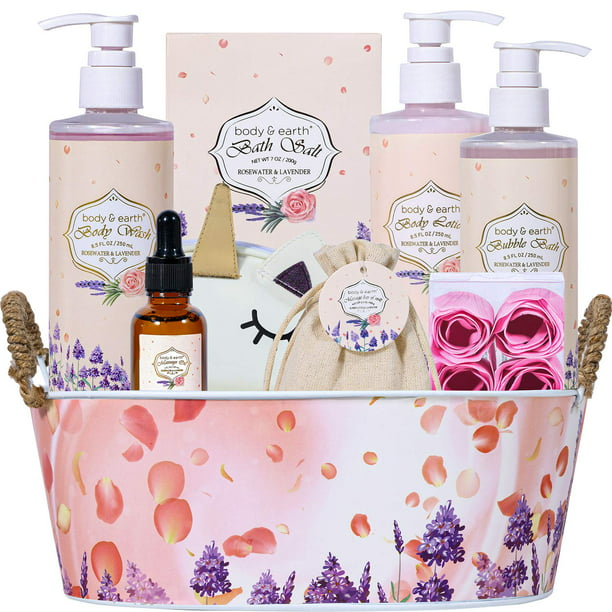 Gifts Set for Women,Bath and Body Baskets - Rosewater and Lavender 11 Pcs  Bath Gifts for Women, Includes Bubble Bath, Body Lotion, Shower Gel and 