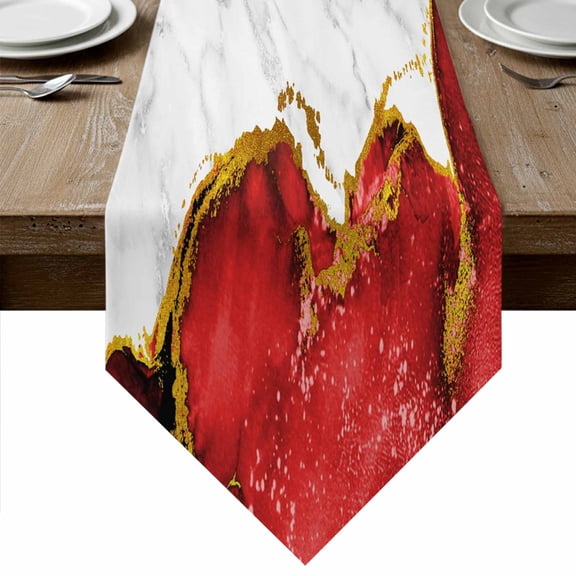 Table Runners 60 Inches Long, Red Gold Marble Cotton Linen Kitchen Dining Coffee Table Runner for Party Home Decor, Modern Abstract Marble Crack Texture Tabletop Dresser Scarves Runner 13x60 Inch