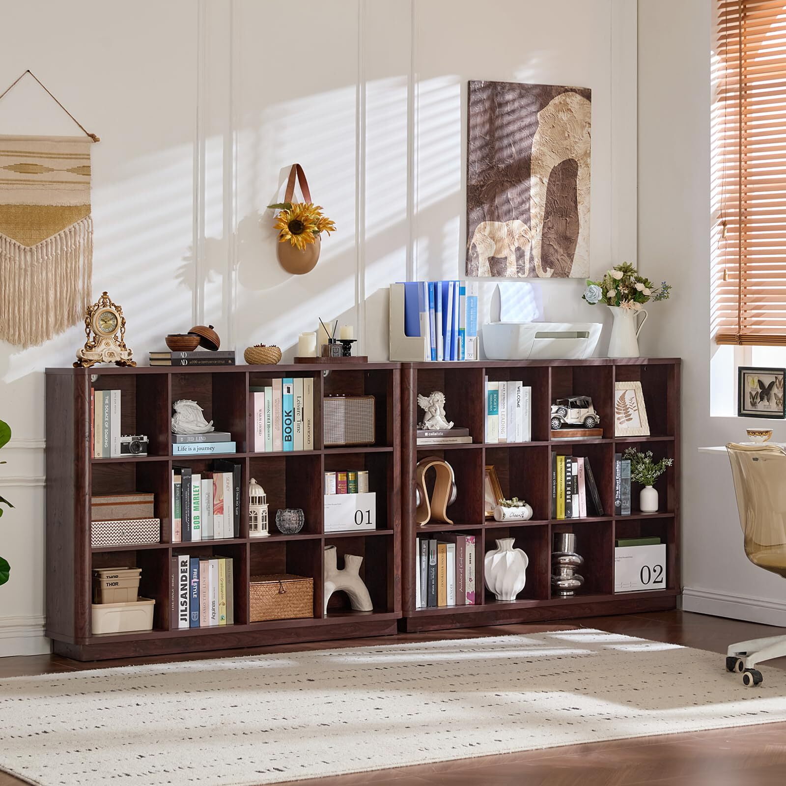 Buildhom 12-Cube 3-Tier Storage Bookcase, 41" Tall Floor Standing Bookshelf with Curved Edge for Living Room, Office, Walnut