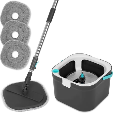 360° Square Spin Mop and Bucket System – Dual Compartment, Separate Clean & Dirty Water – 3 High-Absorbent Microfiber Washable Heads – All Types Floor Cleaning
